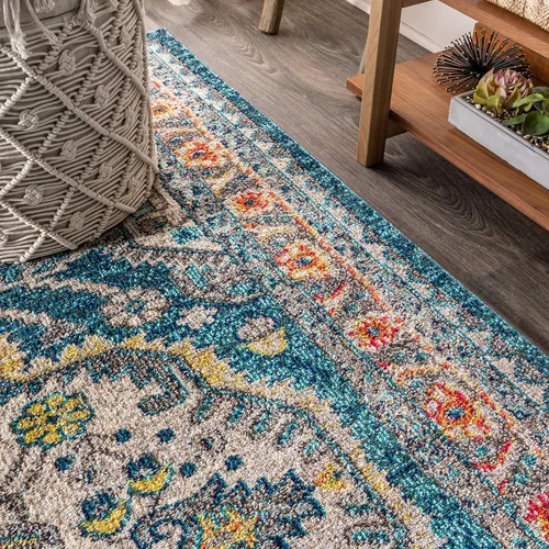 Miniatura 7 de JONATHAN Y Alfombra bohemia para interiores, color azul y amarillo, 3 x 5, medallón bohemio elegante, floral, fácil de limpiar, alto tráfico