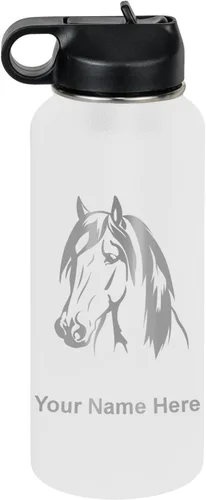 Miniatura 32 de LaserGram Botella de agua personalizada, cabeza de caballo 1, acero inoxidable de doble pared aislada al vacío con popote superior, regalo grabado