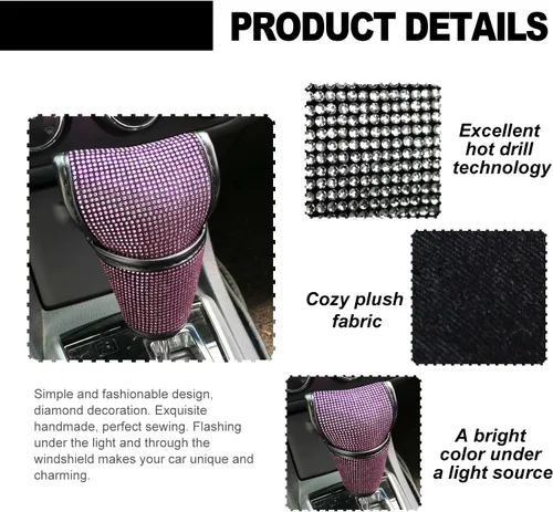 Miniatura 3 de KEVWR - Funda para palanca de cambios de coche con cristales brillantes, protector de palanca de cambios con brillo de strass, accesorios de Rosa