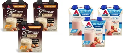 Atkins™ Café Caramel - Batido de proteína de café helado y proteína de fresa, 0.55 onzas de proteína, bajo índice glucémico, 0.07 oz de