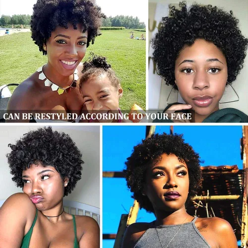 Miniatura 5 de Ms Taj - Pelucas de pelo humano afro corto para mujeres de raza negra, pelucas de pelo virgen brasileño con densidad del 150 % sin procesar, peluca
