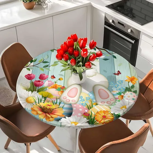 Miniatura 2 de Mantel Ajustable con Cola de Conejo de Pascua para Mesa Redonda, Cubierta de Mesa de Tulipán y Huevo de Primavera con Borde Elástico Impermeable