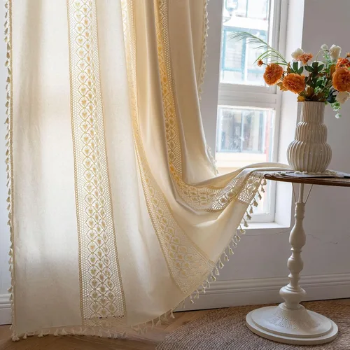 Miniatura 46 de Deeprove Cortinas bohemias para dormitorio, rayas huecas de ganchillo crema y estampado floral, tela de lino de algodón, con borlas beige bohemias