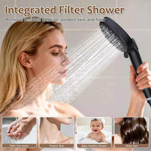 Miniatura 5 de Juego de llave de ducha de lluvia redonda negra mate de Iriber, llave de ducha con filtro y rociador de mano, llave de ducha moderna de baño con 9
