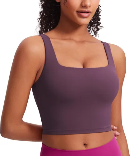 Miniatura 30 de CRZ YOGA Butterluxe Brasier deportivo de cuello cuadrado para mujer, estilo camiseta corta sin mangas, acolchado con soporte integrado para yoga
