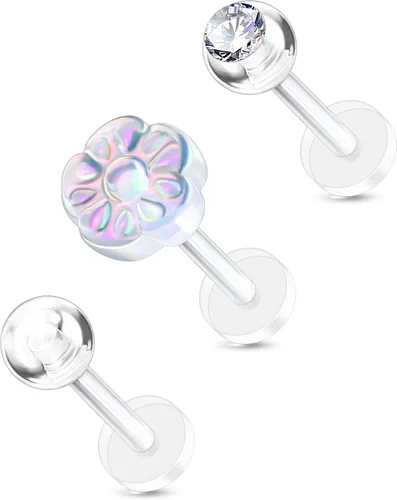 Miniatura 10 de OUFER 3 piezas de joyería de plástico para piercing de hélice, retenedores de piercing de labio transparente para cirugía, lindos anillos de labio