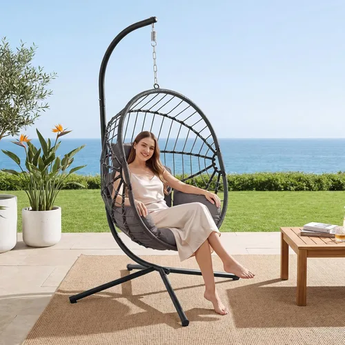 Miniatura 11 de LEX CRAFT Silla colgante de huevo con soporte, silla de huevo oscilante para exteriores e interiores, silla colgante con cojín, silla hamaca
