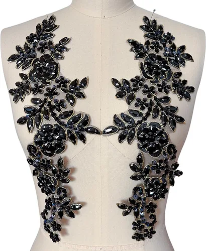Miniatura 17 de 1 par de parches de encaje con cristales brillantes, cuentas de vidrio y piedras, para coser a mano, accesorios para decoración de vestidos de novia