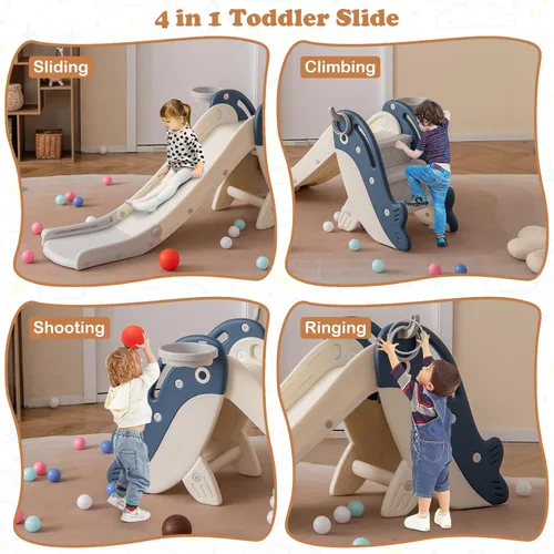 Miniatura 2 de BABY JOY Tobogán plegable para niños pequeños, juego independiente de escalador para bebés con aro de baloncesto, juego de tobogán para niños