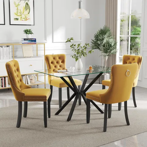 Miniatura 27 de Juego de comedor moderno de cristal de lujo de 5 piezas, juego de comedor rectangular minimalista para 4, juego de mesa de cocina de vidrio