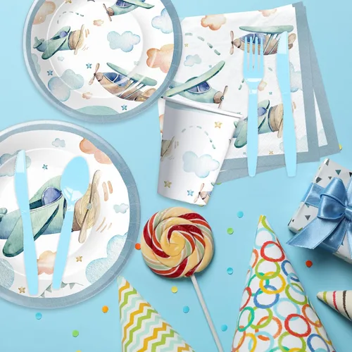 Miniatura 7 de Suministros para fiesta de cumpleaños de avión – Vajilla de decoración de aviones, plato de papel, taza, servilleta, tenedor, vajilla de baby shower