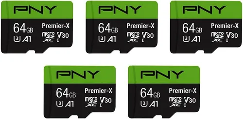 PNY Tarjeta de memoria flash microSDXC Premier-X de 64 GB clase 10 U3 V30 5 unidades - 100MB/s, clase 10, U3, V30, A1, 4K UHD, Full HD, UHS-I, Micro