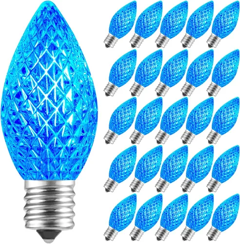 Minetom Paquete de 25 bombillas LED C7 de Navidad, repuesto inastillable para cadena de luces, base de candelabro E12, bombillas navideñas Azul