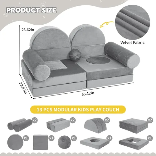 Miniatura 2 de Sofá modular de juego para niños, 13 piezas, sofá de espuma de alta densidad, muebles de sala de juegos convertibles con funda de terciopelo suave