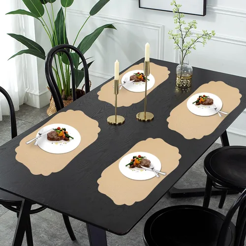 Miniatura 5 de XINYUN Juego de 6 manteles individuales dorados para mesa de comedor, de piel sintética, ligeros, lavables, antideslizantes, antideslizantes, Oro 1