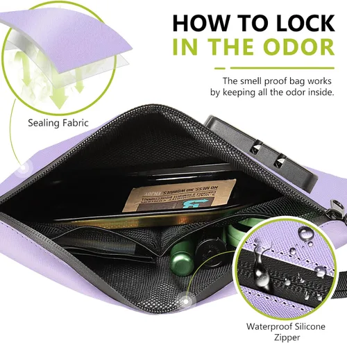 Miniatura 9 de OZCHIN Bolsa a prueba de olores con cerradura de combinación de 10 x 7 pulgadas, bolsa de bloqueo de piel sintética impermeable con cerradura, gran
