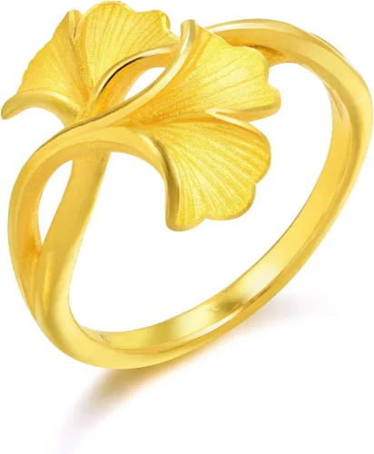 CHOW SANG SANG 999.9 24K Oro Chino Boda Colección Precio por Peso 0.16 oz Oro Ginkgo Hojas Anillo para Mujeres y Ocasión de Boda 89883R Tamaño 13