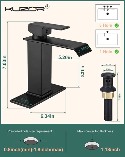 Miniatura 4 de Grifo de baño de cascada negro mate – Grifo de fregadero de acero inoxidable 304 de un solo orificio con drenaje desplegable de metal, diseño