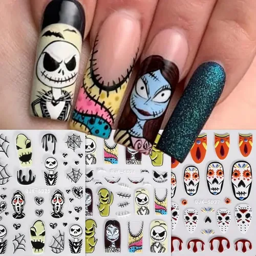 Miniatura 19 de 8 hojas de calcomanías de uñas de Halloween con diseños de fantasmas lindos, calabaza, araña, telaraña, sangre, llama 3D, autoadhesivas, Otoño
