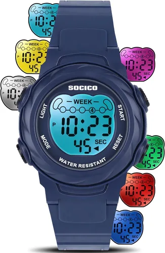 Miniatura 10 de SOCICO Relojes digitales para niños y niñas, 7 luces de color impermeables, reloj deportivo para exteriores con cronómetro, alarma, fecha, gran