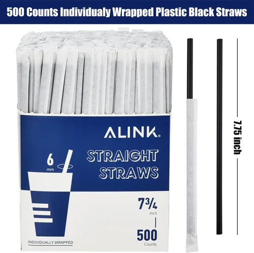 Miniatura 2 de ALINK - Paquete de 500 pajitas de plástico desechables negras, pajitas rectas para fiestas envueltas individualmente - 19,7 cm x 0,58 cm Negro
