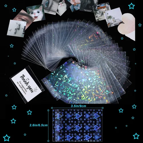 Miniatura 3 de Tinlade 200 fundas holográficas para tarjetas fotográficas Kpop con destello láser, diseño de corazón de estrella, piedras preciosas de cristal