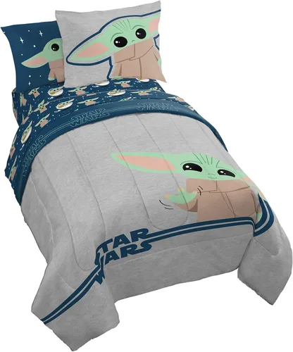 Jay Franco Star Wars The Mandalorian Hello Grogu - Juego de ropa de cama de 7 piezas tamaño matrimonial, incluye edredón y juego de sábanas, ropa de