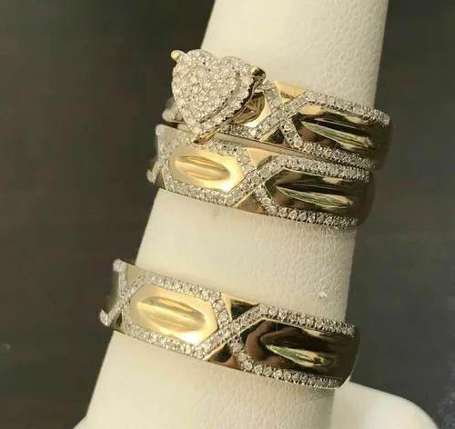 Miniatura 4 de Ssjewel 1.33 Ct Round Cut Diamond Love Shape His Her Trio Wedding Band Bridal Engagement Ring Set 14k Yellow Gold Finish Fine 925 Sterling Silver