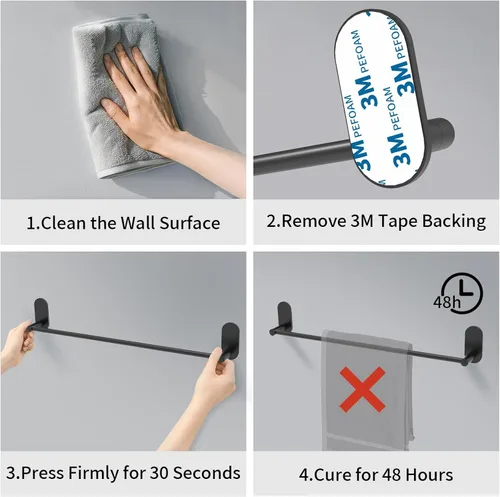 Miniatura 4 de Toallero autoadhesivo para baño, acero inoxidable de 24 pulgadas y aleación de zinc, sin taladro, toallero resistente, para cocina, gabinete, Negro