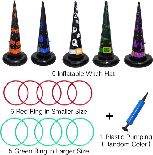 Miniatura 2 de Poptrend Paquete de 5 juguetes de Halloween, juegos inflables de sombrero de bruja para lanzar anillos, juego inflable de lanzamiento de anillos