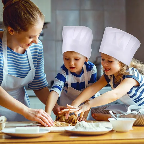 Miniatura 4 de ESHATO Sombreros de chef para niños, adultos, tela no tejida, ajustable, para el hogar, cocina, juego de tapas para cocinar, hornear, recuerdos