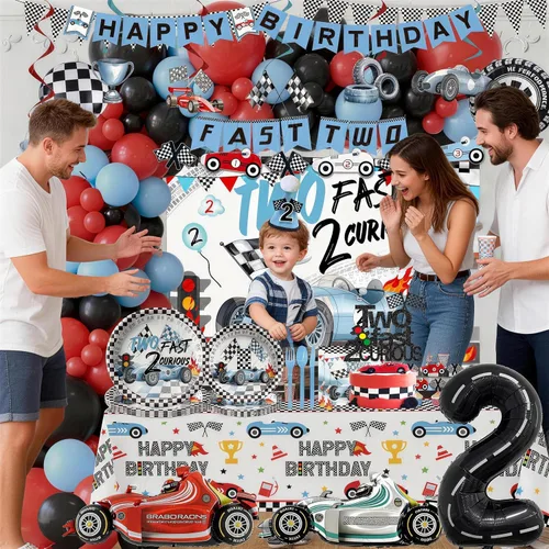 Miniatura 3 de Dos decoraciones de cumpleaños de 2º cumpleaños de auto de carreras rápidas, incluyen plato, taza, servilleta, telón de fondo, pancarta, mantel