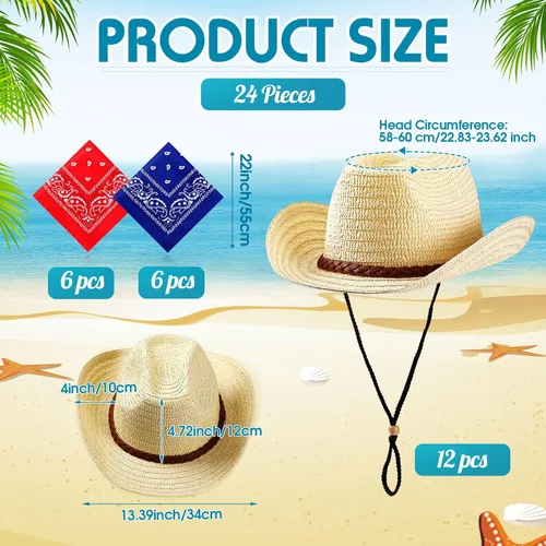 Miniatura 3 de SATINIOR - Juego de 12 sombreros de vaquero de paja y bandanas para fiesta, sombrero de vaquero para fiesta, disfraz y bandana, accesorios