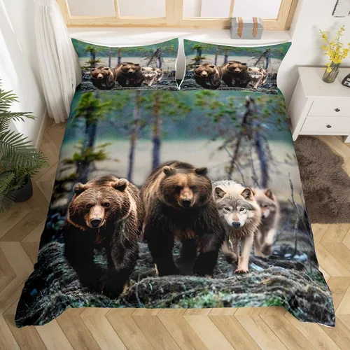Erosebridal Juego de funda de edredón de animales del bosque, tamaño individual, oso marrón, para niños y niñas, para dormitorio, funda de edredón