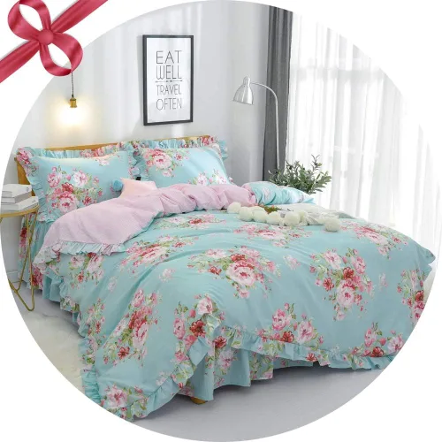 Miniatura 15 de FADFAY Juego de ropa de cama floral estilo campestre francés con estampado de pájaros azules, colección de faldas de cama, 800 hilos por pulgada