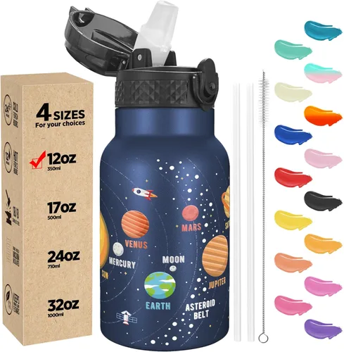 Miniatura 63 de Han's Bottle - Botella de agua para niños con tapa con pajilla - Vaso reutilizable de acero inoxidable aislado para niñas, niños, taza termo, 17
