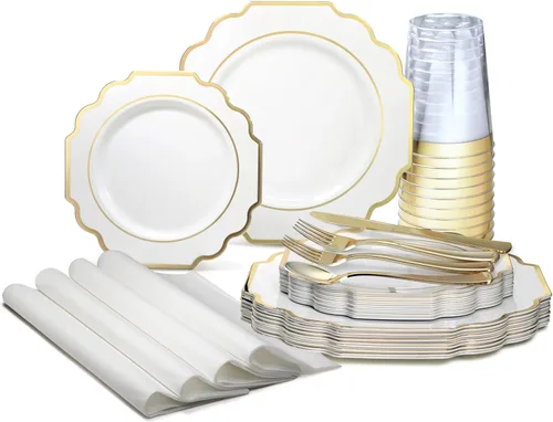 Miniatura 10 de Ocassions - Vajilla de 50-150-200 piezas para 25 invitados, color dorado E. Imperial Negro y Oro