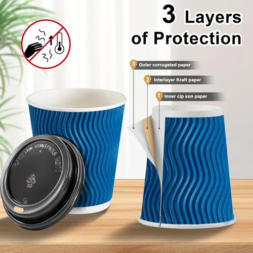Miniatura 3 de Clawsoff Paquete de 100 tazas de café con tapas, de 8 onzas, desechables, aisladas, onduladas, para bebidas frías/calientes, oficina, hogar, tienda