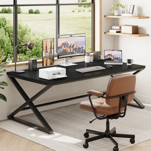 Miniatura 7 de IBF Escritorio Grande Negro para Computadora, Escritorio de Escritura de 70.8 pulgadas de Largo para Oficina en Casa, Escritorio de Trabajo y Roble