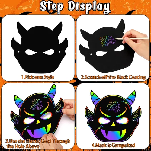 Miniatura 3 de AUGSUN Manualidades de Halloween, máscara de arañazos de arco iris para fiestas de Halloween, suministros mágicos de papel para rascar máscara