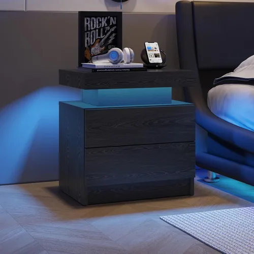 Miniatura 12 de Mesita de noche LED para dormitorio, moderna madera con 2 cajones, mesita de noche negra y dorada, mesa auxiliar con luz LED ajustable