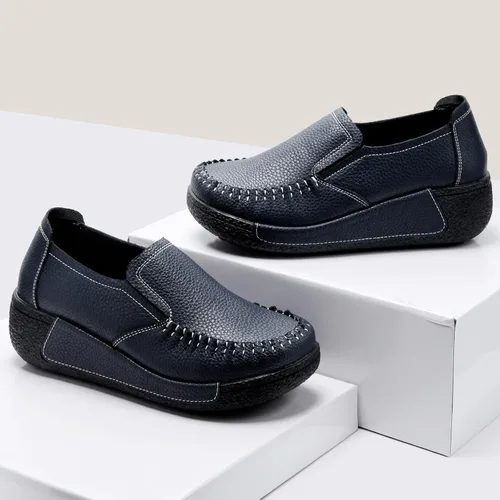 Miniatura 24 de UZB Mocasines de cuero sin cordones para mujer, cómodos zapatos de plataforma casuales