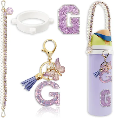 Miniatura 10 de Letter Handle Strap Accessories with Cute Initial Charm Compatible with Owala Water Bottle 24oz 32oz 40oz Owala Kids Púrpura