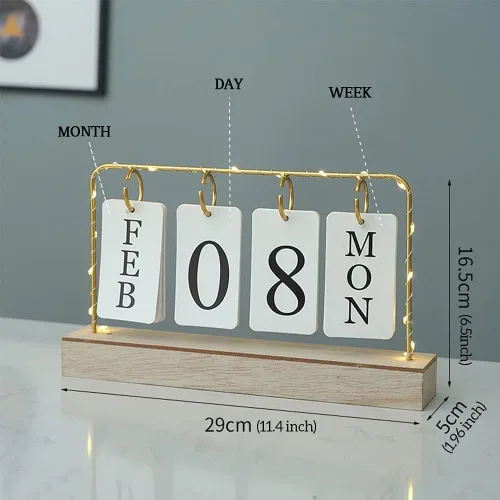 Miniatura 2 de Calendario perpetuo de madera abatible con soporte de metal dorado con papel calendario diario mensual con luz para la oficina diaria, decoración