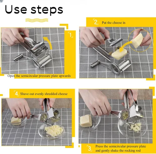 Miniatura 7 de Rallador de queso giratorio manual, rallador de queso giratorio de acero inoxidable 304, triturador de queso de manivela para parmesano, cheddar