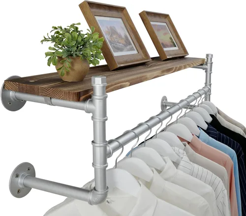 Miniatura 19 de WEBI Perchero de pared con estante, perchero industrial de 24 pulgadas con estantes, barra de ropa de hierro resistente, barra de ropa de exhibición