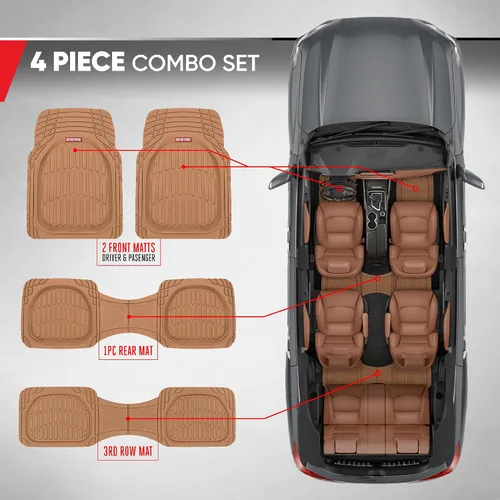 Miniatura 3 de Motor Trend FlexTough - Alfombrillas de Goma Beige Originales para Vehículos de 3 Filas, Delantera y Trasera 2ª Fila Plato Hondo Todo Clima