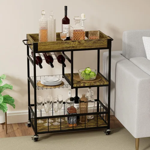 Miniatura 8 de Carro de bar con cesta de 3 niveles, carrito de vino móvil para el hogar con ruedas, carrito de servicio de cocina industrial estilo vintage