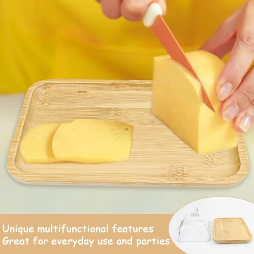 Miniatura 4 de Mantequera de cristal transparente con tapa, recipiente para mantequilla, queso crema y pastel de postre (bambú)