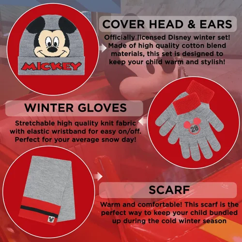 Miniatura 2 de Mickey Mouse - Gorro de invierno para niños bufanda y guantes de nieve juego de 3 piezas suave y cálido para exteriores para niños y niños pequeños